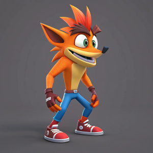 3D render of a vibrant, angular creature from Crash Bandicoot 4. The character features a dynamic blend of colors and sharp edges.