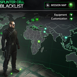 Screenshot from Splinter Cell: Blacklist featuring a detailed mission map. Dark, shadowy tones with green highlights. Mission locations and types clearly marked. Futuristic UI includes notification and equipment customization sections.