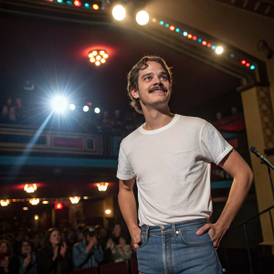 Ellar Coltrane, actor with a mustache, wearing a white t-shirt and jeans. Posing for an interview at SXSW film festival. Bright lights and audience in the background.