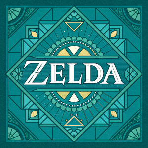 Official artwork for The Legend of Zelda. Teal and green geometric design with 'Zelda' in sans-serif font