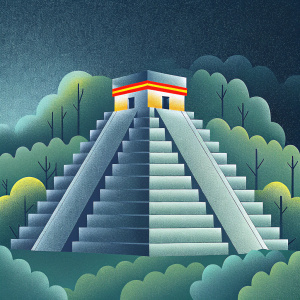 Aerial view of the ancient Mayan temple, Kukulkan, located in the lush jungles of Chichen Itza, Yucatan, Mexico. The pyramid's intricate stepped design with numerous platforms leading to its summit is clearly visible.