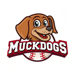 Playful cartoon mascot logo for the Batavia Muckdogs minor league baseball team. Featuring a brown dog's head with white text.
