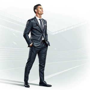 Digital illustration of Cristiano Ronaldo in a sleek business suit, posing confidently.