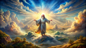 landscape, God appears grandiose in the sky, in the middle of clouds illuminated by the sun's rays. He is blessing the land.,   very vibrant colors, bible, old testament, concept art, style of Leonardo da Vinci