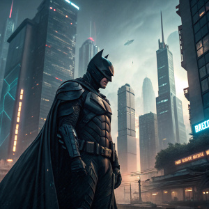 Concept art of Robert Pattinson as Batman. Futuristic cityscape background