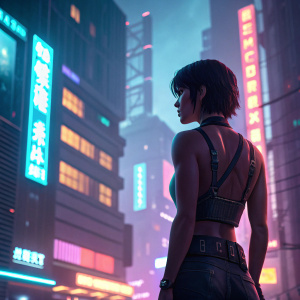 A figure resembling Motoko Kusanagi, with a slim build and short hair, stands against a bright, neon-lit cityscape. She wears a simple outfit, accentuated by a leather belt that highlights her defined muscles. Her back is turned, gazing into the bustling, futuristic metropolis.