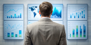 Back of a businessman in front of professional key performance indicator KPI metrics dashboard with screens and charts for sales and business results evaluation and KPI review