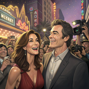 Teri Hatcher and Jon Tenney at a bustling film festival. Crowds of fans and media. Neon lights and cityscape in the background.