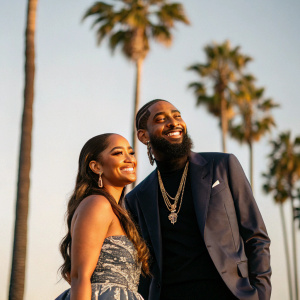 Lauren London and Nipsey Hussle posing in front of palm trees, illuminated by warm afternoon sunlight.
