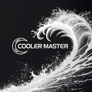The Cooler Master logo, featuring a sleek and modern design. Dynamic wave-like pattern with a white splash effect