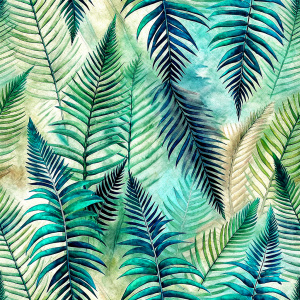 white backgraund.ferns and sparsely placed tropical leaves.only
 . laying repeat