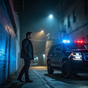 Nathaniel Arcand as Clinton Skye in 'FBI: Most Wanted'. Dark alley setting, police car lights casting eerie shadows. Nathaniel dressed in dark clothes, standing near a dark SUV with flashing emergency lights.