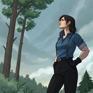 Digital art of Tifa Lockhart. She wears blue shirt and black pants. Standing outdoors, near tall trees and cloudy sky