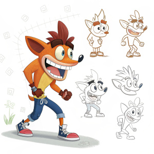 Concept art for Crash Bandicoot: On the Run, showcasing detailed sketches of characters in various poses and expressions, from multiple angles and perspectives, illustrating the creative process.