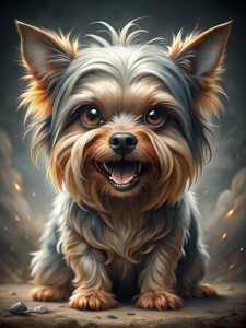 disheveled, fat and cunning yorkshire terrier grins angrily while defending food. Fur hangs over the eyes.