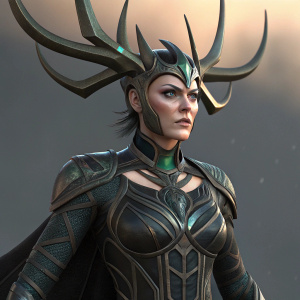 3D rendering of a fierce female warrior. Inspired by Marvel's Hela. Sharp, angular face. Horned headdress with intricate design. Wears a dark, armored bodysuit with detailed patterns.
