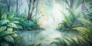 bosque de helechos  charco de agua con hojas, lluvia, todo estilo acuarela