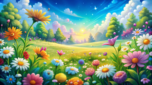 beautiful flower meadow magical background, cartoon style
