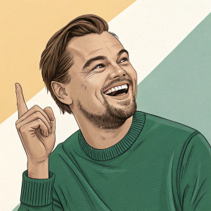 Cartoony illustration of Leonardo DiCaprio, smiling, brown hair, joyful face, green sweater, hand gesture, gradient background, flat style