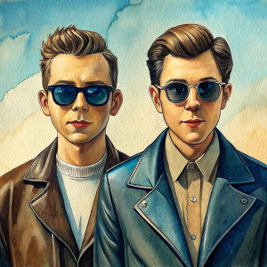  two young man 1950s rockabilly style,round sunglasses,photo,leather jacket with studs