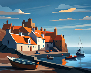 St Monans harbour in Fife with boats,Curvilinear style of Mandy Budan,acrylic painting,wide angle