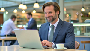 Widely smiling businessman working on laptop sitting in a cafe