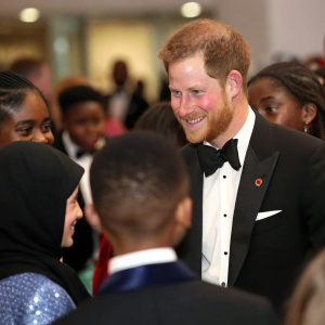 Prince Harry, formally dressed, meeting diverse group at charity event. Confident smile. Crowd blurry in background.