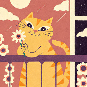 A smiling [color] [cat] holding flowers in its mouth, leaning toward the camera at sunset, realistic, sketch, grainy storybook illustration, black background, sticker pack