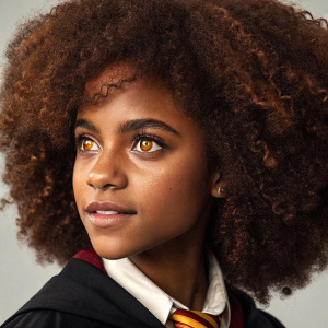 Photo of Hermione Granger, a character with warm brown skin and rich brown afro. She has striking brown eyes and a warm, glowing expression.