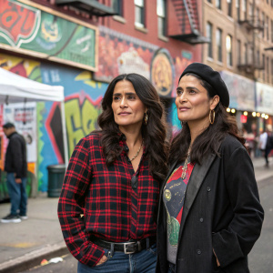 Salma Hayek and Diana Jiménez Medina at an urban street festival. Both actresses wear casual attire, Diana in a plaid shirt and Salma in a black jacket. Architectural elements like graffiti and vintage storefronts in the background.