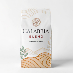 Modern packaging design for Caffè Calabria's coffee blend. Featuring Calabria Blend and Italian Roast labels in a mix of neutral and warm colors against a white backdrop.