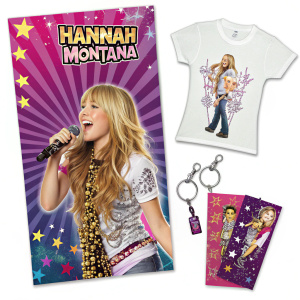 Promotional materials set for Hannah Montana concert. Includes posters, t-shirts, keychains, and stickers. Bright and colorful designs featuring the main artists.