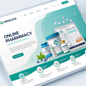 E-commerce website for Medilazar Online Pharmacy. Sleek design with blue, green, and neutral colors. Displays various medical products. Featured on homepage are popular medications.