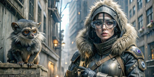 ночная улица, женщина в sci-fi костюме и капюшоне в стиле киберпанк, в маске и в очках, в руке sci-fi бластер, скрывается за углом дома, на ее плече сидит маленький  пушистый зверек, кругом рекламные огни, идет дождь