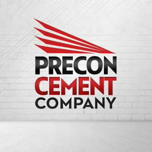 Contemporary logo design for Precon Cement Company. Bold lettering in black and vibrant red. Dynamic red accents enhance the modern aesthetic. Set against a light grey backdrop.