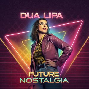 Dua Lipa's 'Future Nostalgia' album cover. Vibrant neon colors against a vintage-inspired backdrop.