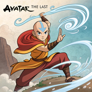 Illustration of Aang from 'Avatar: The Last Airbender' in an action pose, determined look. Style similar to classic anime. Promotional poster for the show with character design and series logo.
