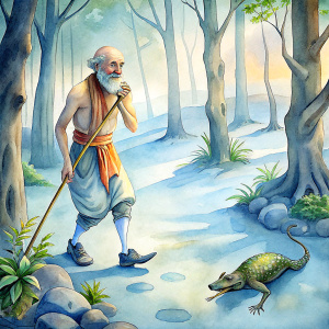 I drank the cup of wisdom
He walked barefoot over the coals; he followed me
A crocodile was chasing
A blind monk and a puny yogi
I was given a music lesson, with me
The gray-haired fakir is familiar

