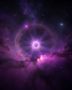 the hazy cosmos is dark violet, a lone star shines in the distance

