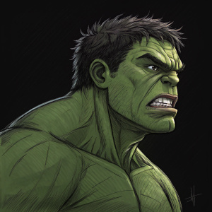 Rough sketch of the Hulk from Marvel Comics. Fierce expression, green skin, standing alone on a black background.