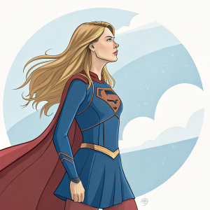 Digital illustration of Supergirl, Kara Danvers. Long blonde hair, blue costume, determined stance. Soft, muted background in shades of blue.