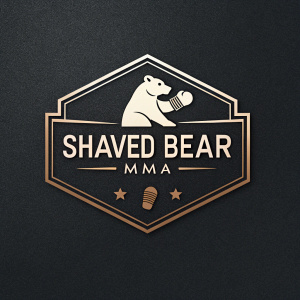 Shaved Bear MMA logo. Modern design featuring a sleek bear silhouette with MMA gloves. Dark background with metallic shine