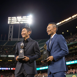 Munenori Kawasaki and Ichiro Suzuki, both in formal suits, accepting awards at the Hall of Fame ceremony. Bright stadium lights, crowd cheering