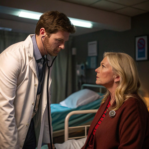 Jason Riddington and Amanda Redman on set of 'Casualty'. Intense scene, doctor examining patient in hospital room.