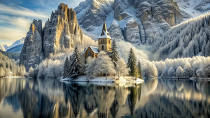 you see a cathedrale, which stands directly on the shore of a lake. behind the house is a wintry forest. high rock faces rise above the forest