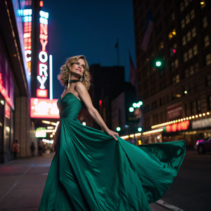 Kyra Sedgwick, dressed in a flowing emerald green gown, posing on a bustling city street at night. Neon signs illuminate the background