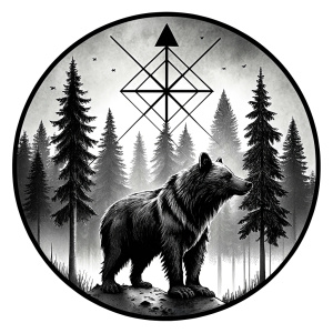 vegvisir runes geometric symbol - bear and trees - tattoo design - perfect realistic art - high-definition - grey and black - white background 