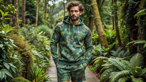make a campaign picture for a a retail athleisure and sportswear brand that trying to make a sustainable menswear athleisure collection with the inspiration of the collection will be intricate details of plants and trees  in its all-over prints with relaxed fit hoodies and relaxed fit shorts with sporty and organic in wild green color make this bit more sporty and suble and dont use flowers or leaves exactly keep them vauge