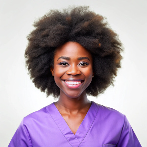 enfermera morena con afro, teniendo un uniforme morado, sonriendo