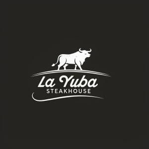 The La Yuba Steakhouse logo, featuring a sleek bull silhouette with elegant script, set against a dark background. Using a minimalist white and black palette, the design exudes modernity and strength, with clean lines and bold typography creating a striking visual impact.